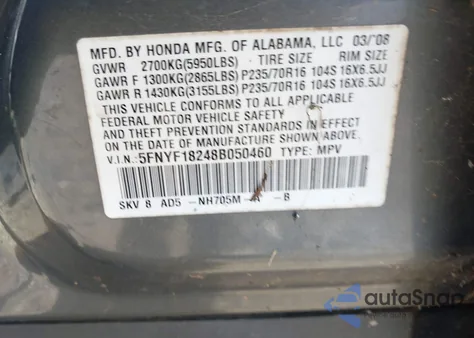 2008 Honda Pilot Vp из США, поврежденный, VIN 5FNYF18248B050460